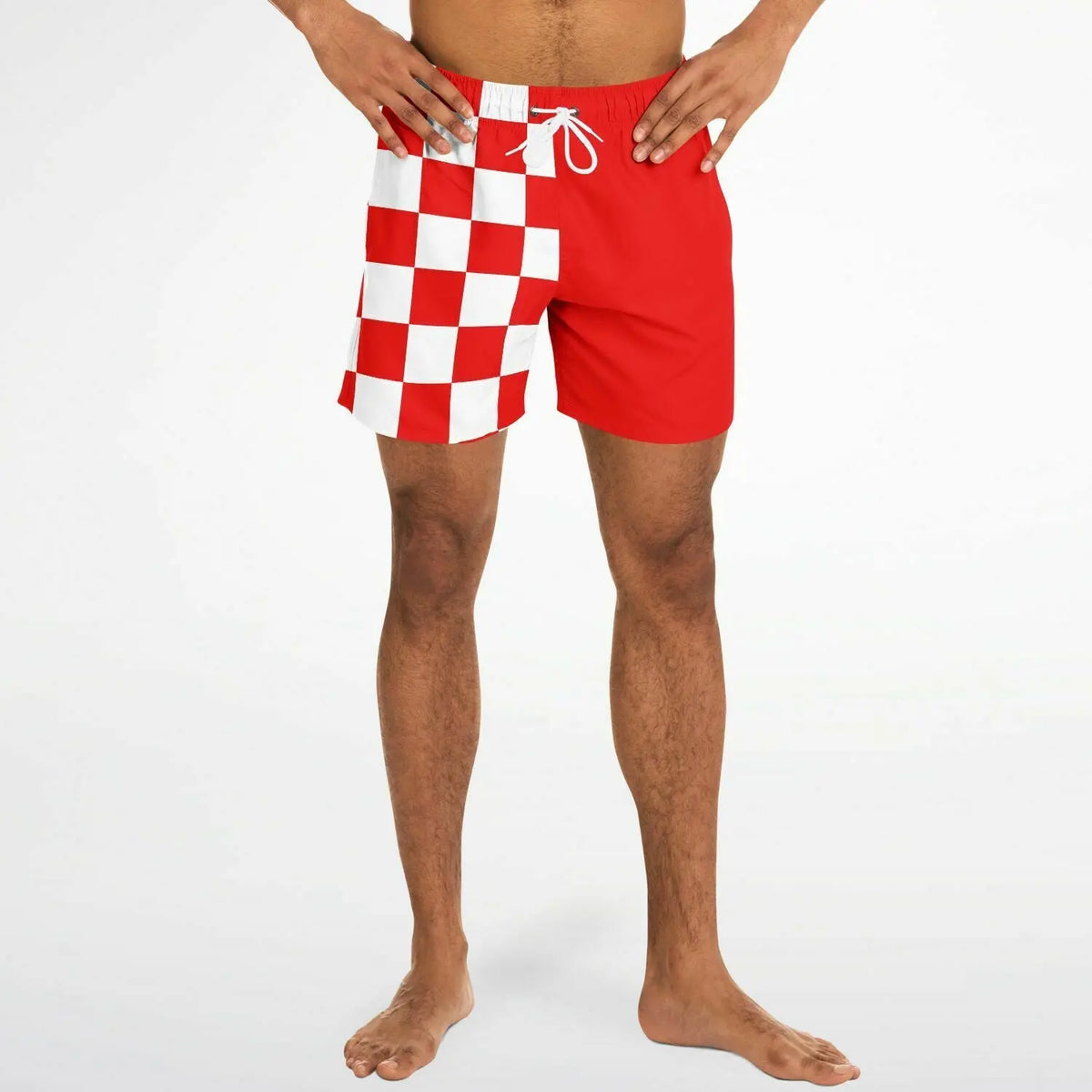 Red and white checkered men's swim shorts by Maris Equi featuring an elastic waistband and drawstring closure.