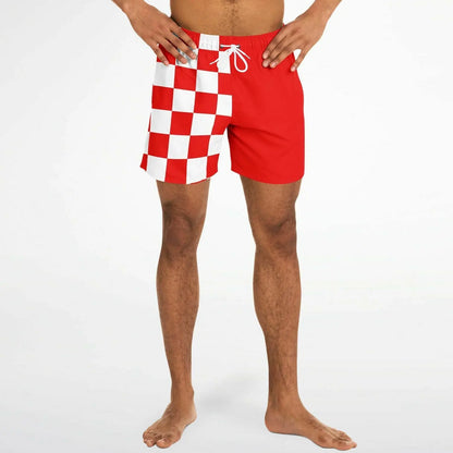 Red and white checkered men's swim shorts by Maris Equi featuring an elastic waistband and drawstring closure.