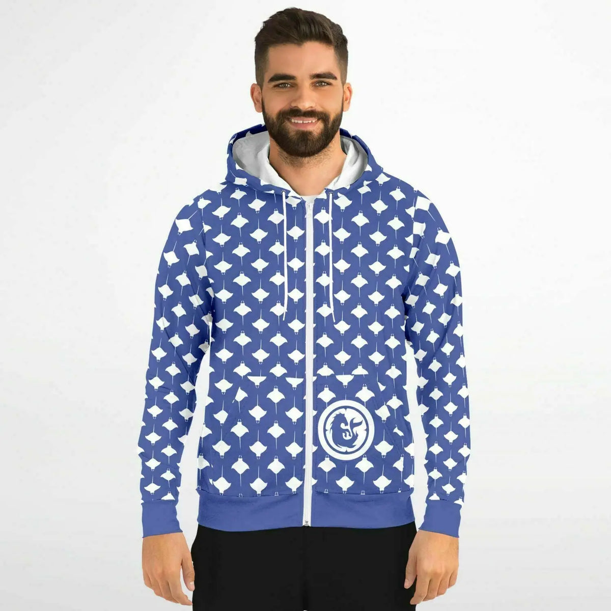 Men's blue zip-up hoodie with white manta ray pattern cotton blend material featuring a front logo by Maris Equi.