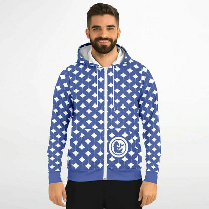 Men's blue zip-up hoodie with white manta ray pattern cotton blend material featuring a front logo by Maris Equi.