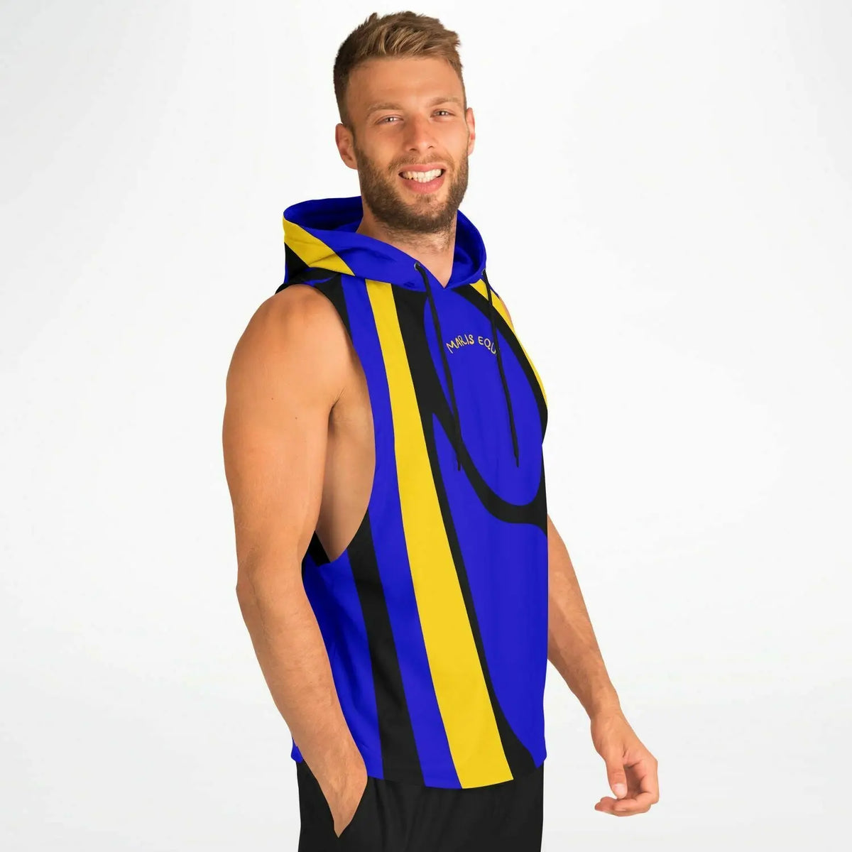 Men's drop armhole hoodie in blue and yellow made of cotton blend featuring a bold graphic design by Maris Equi.