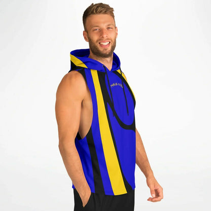 Men's drop armhole hoodie in blue and yellow made of cotton blend featuring a bold graphic design by Maris Equi.