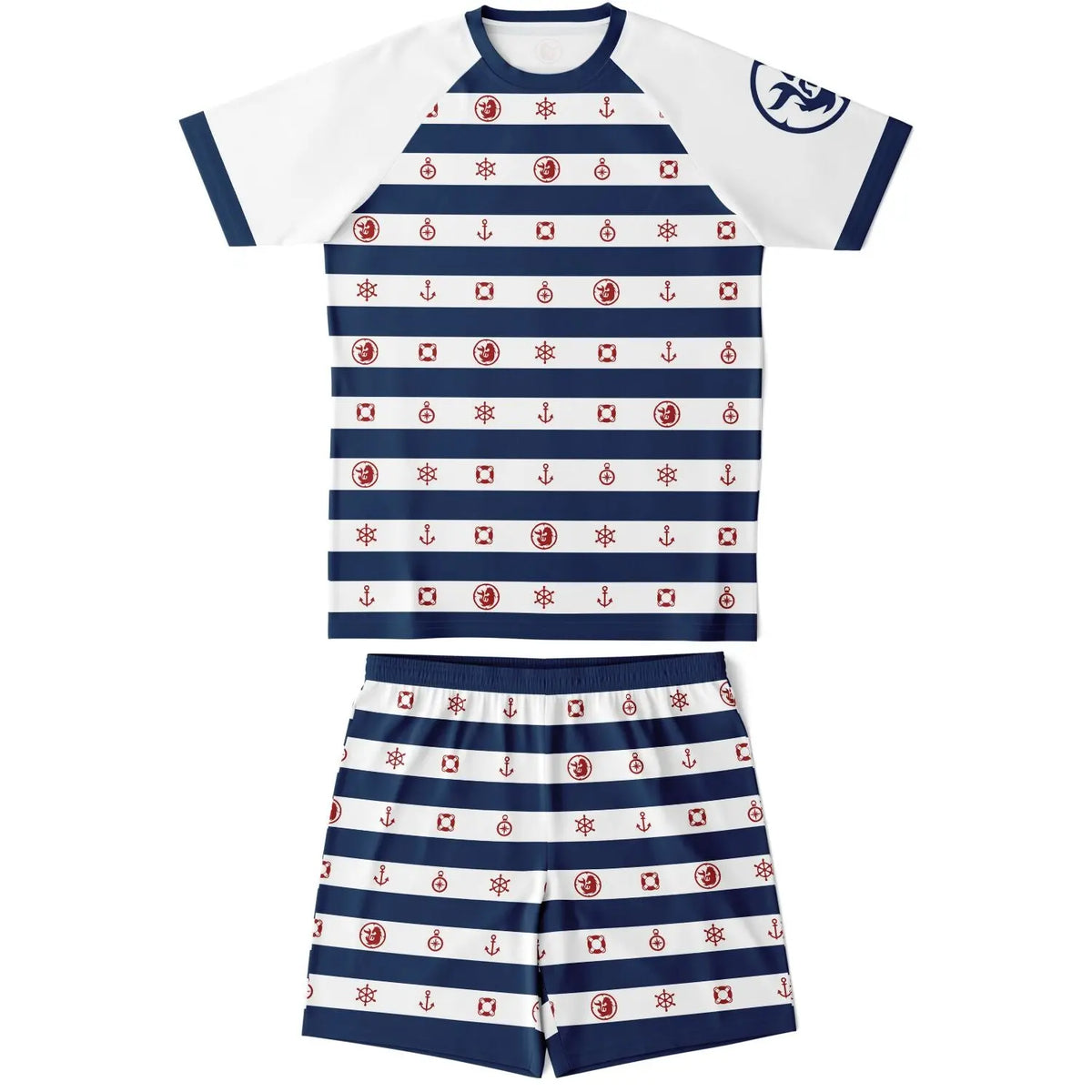 Nautical-themed men's shorts and top set by Maris Equi featuring striped pattern with anchors and stars in red and blue.