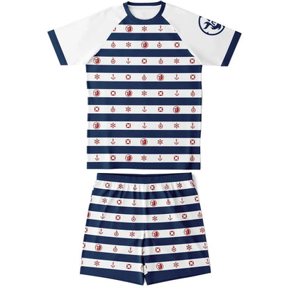 Nautical-themed men's shorts and top set by Maris Equi featuring striped pattern with anchors and stars in red and blue.
