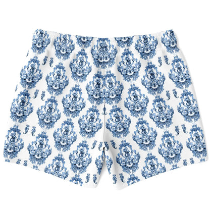 Men's swim shorts in white with blue baroque pattern featuring an elastic waistband by Maris Equi.
