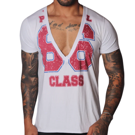 White deep V-neck T-shirt with a distressed red and blue "86 CLASS" graphic print on the front.