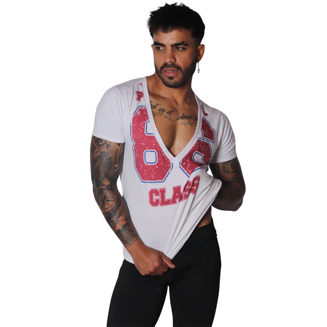 White short-sleeve V-neck t-shirt with distressed red "86 CLASS" graphic print on chest.