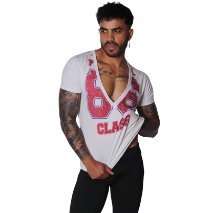 White short-sleeve V-neck t-shirt with distressed red "86 CLASS" graphic print on chest.