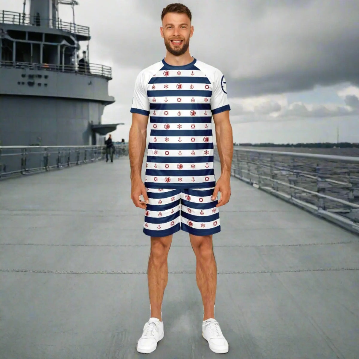Men's nautical shorts and top set by Maris Equi featuring blue and white stripes with anchor patterns made from lightweight fabric.