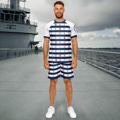 Men's nautical shorts and top set by Maris Equi featuring blue and white stripes with anchor patterns made from lightweight fabric.