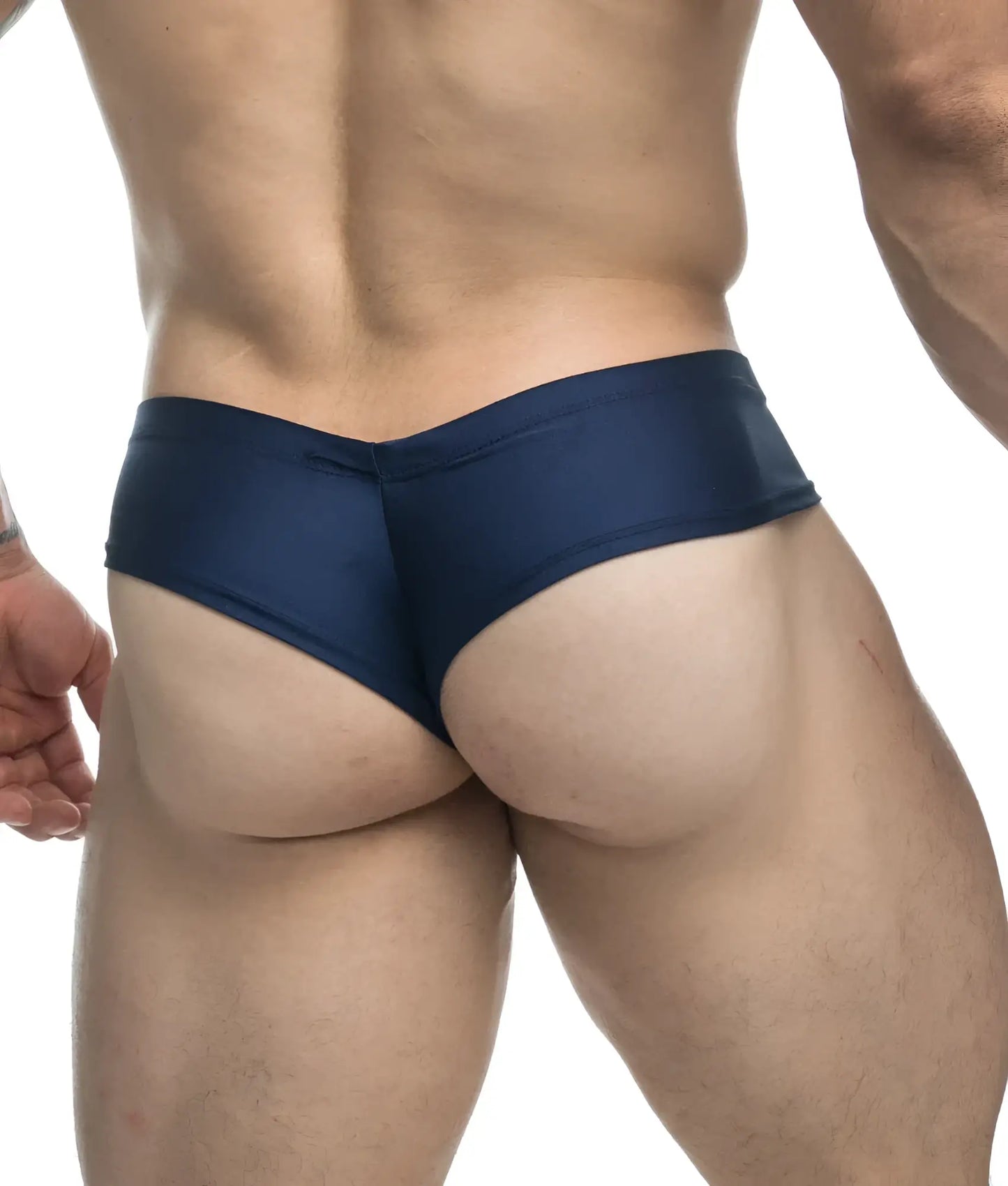 Navy blue satin briefs by justin + simon showing the back side with a sleek cheek design