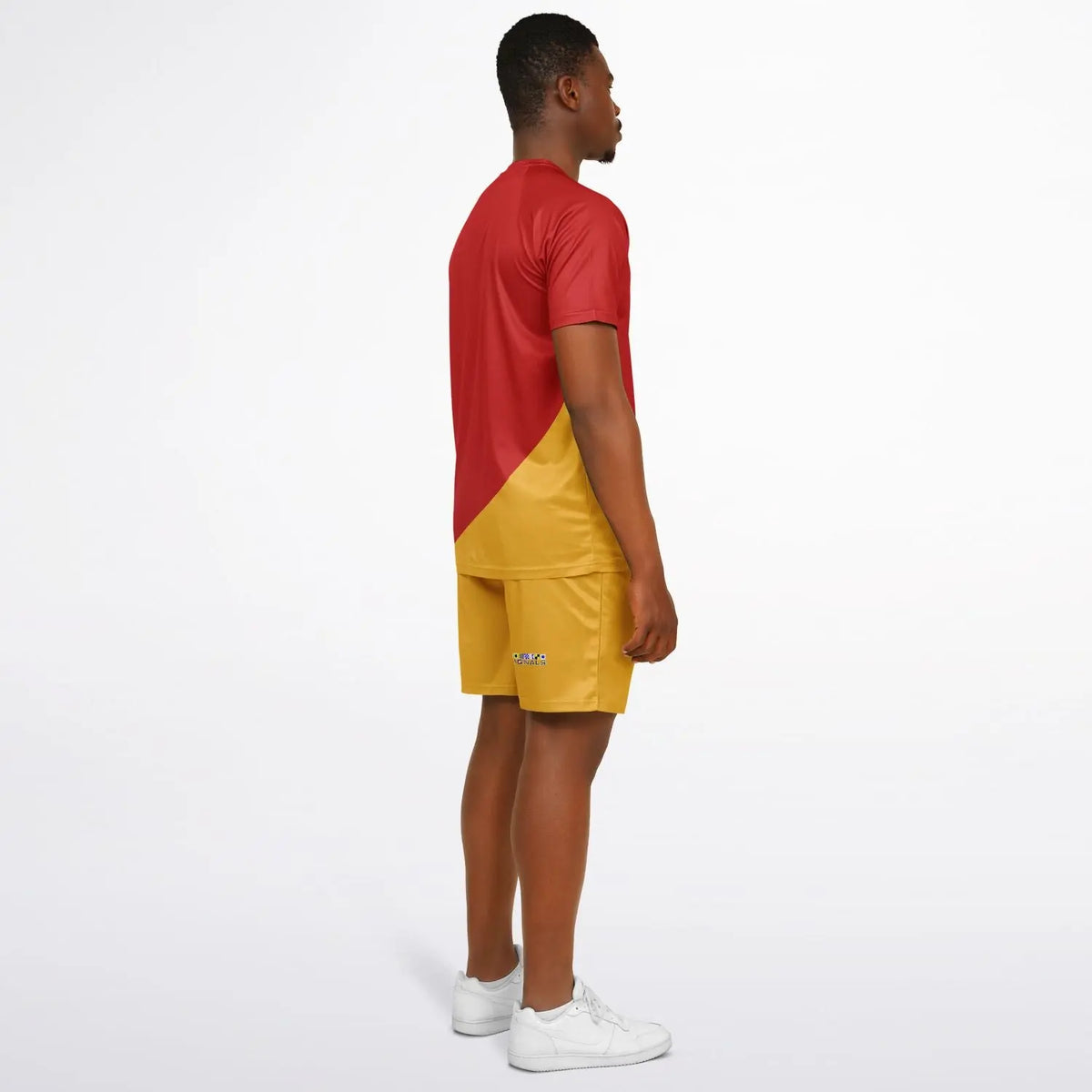 Men's nautical-themed shorts and top set in red and yellow made by Maris Equi featuring a color-block design.