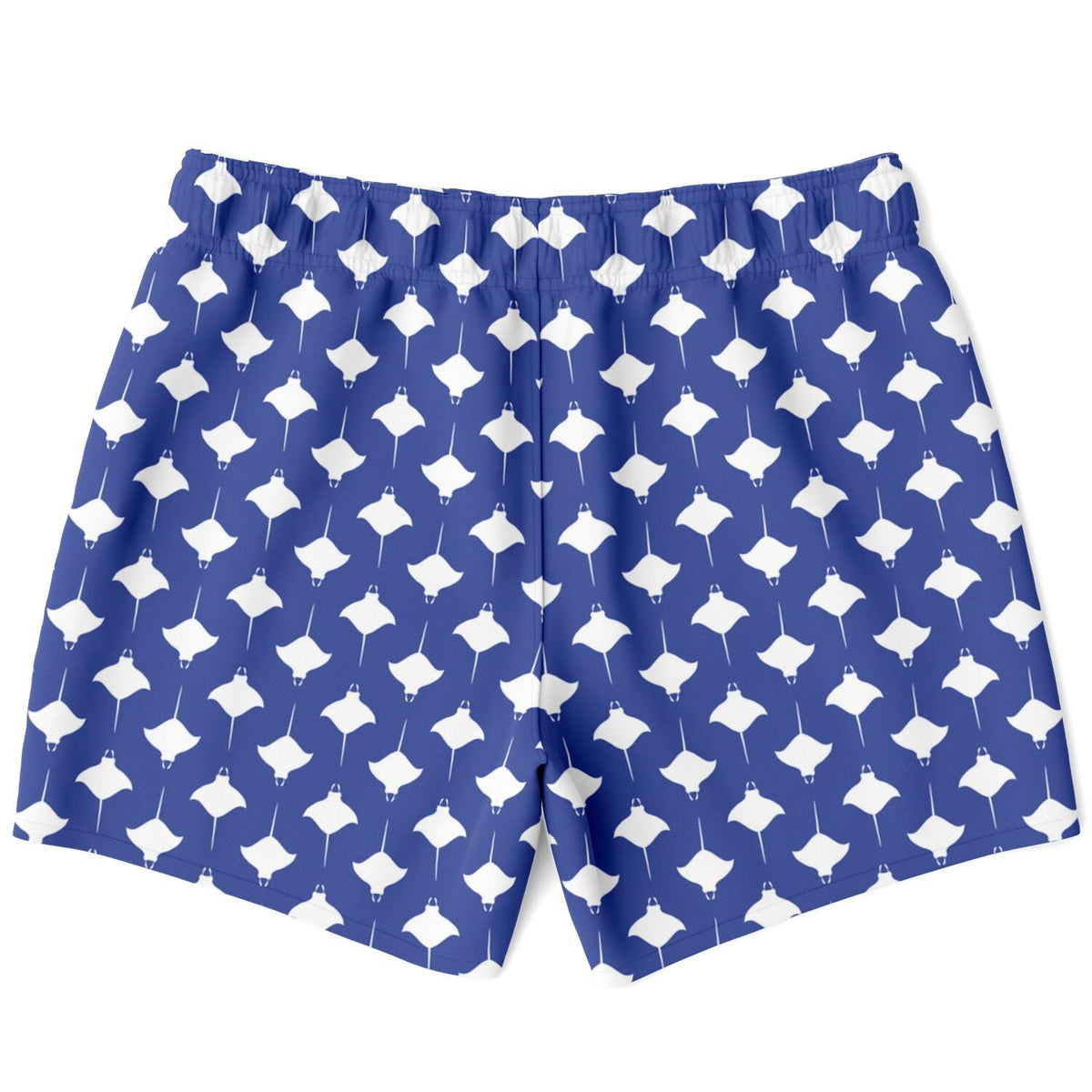 Blue swim shorts with white manta ray pattern elastic waistband by Maris Equi ideal for beach or pool wear.