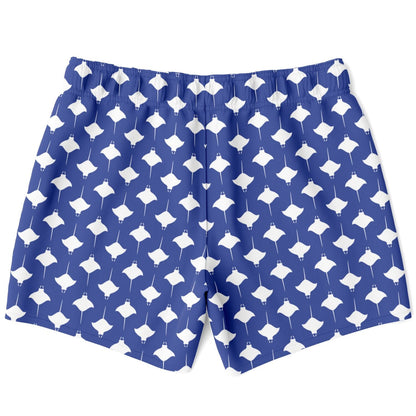 Blue swim shorts with white manta ray pattern elastic waistband by Maris Equi ideal for beach or pool wear.