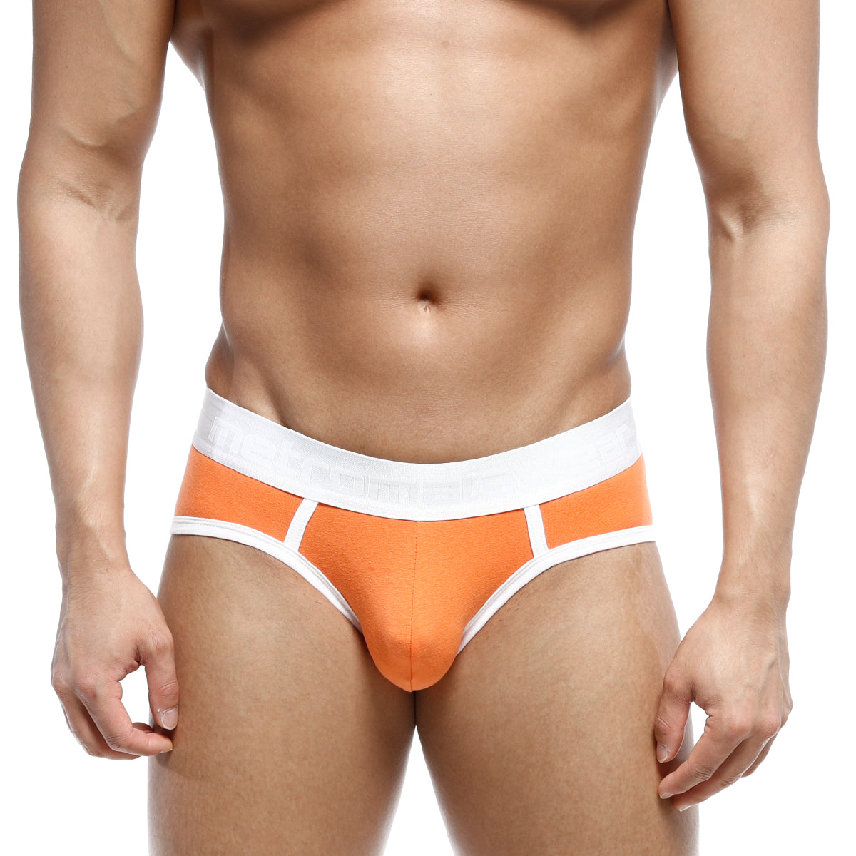MetroMaleWear 365 hip brief orange 9003-14 in orange and white with snug fit and reinforced waistband for athletic use