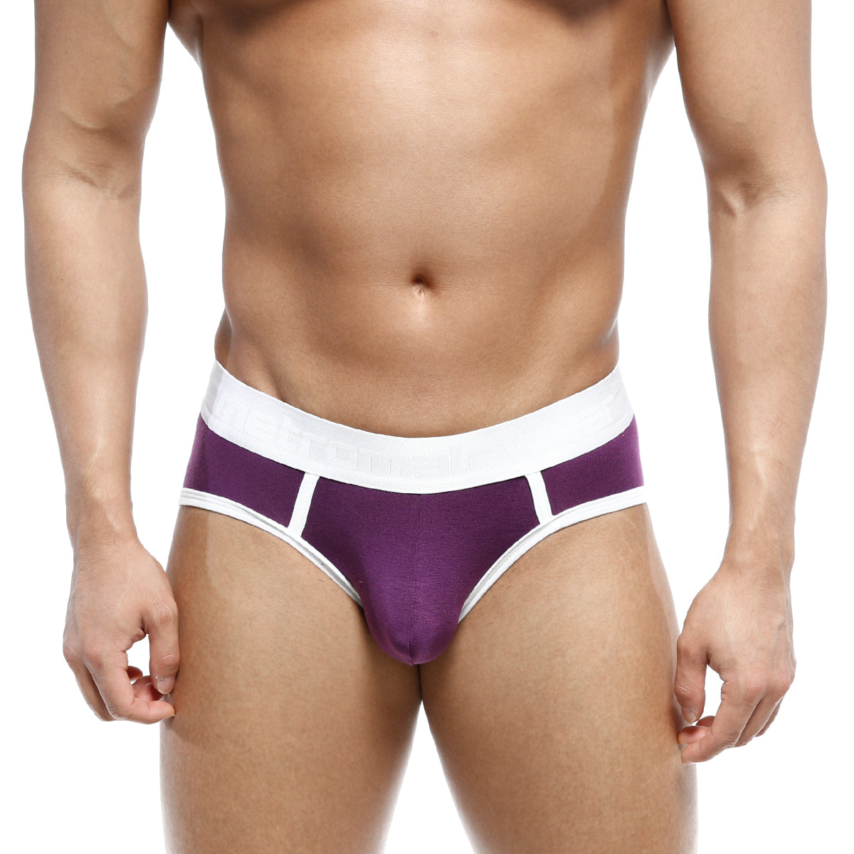 Purple and white MetroMaleWear 365 hip brief with smooth, form-fitting fabric for athletic wear
