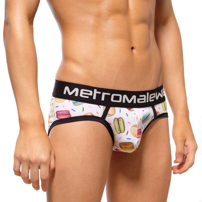 White men’s briefs with playful macaron sprinkle pattern and black metromalew elastic waistband metroMalewear Macaron Brief 9003-32