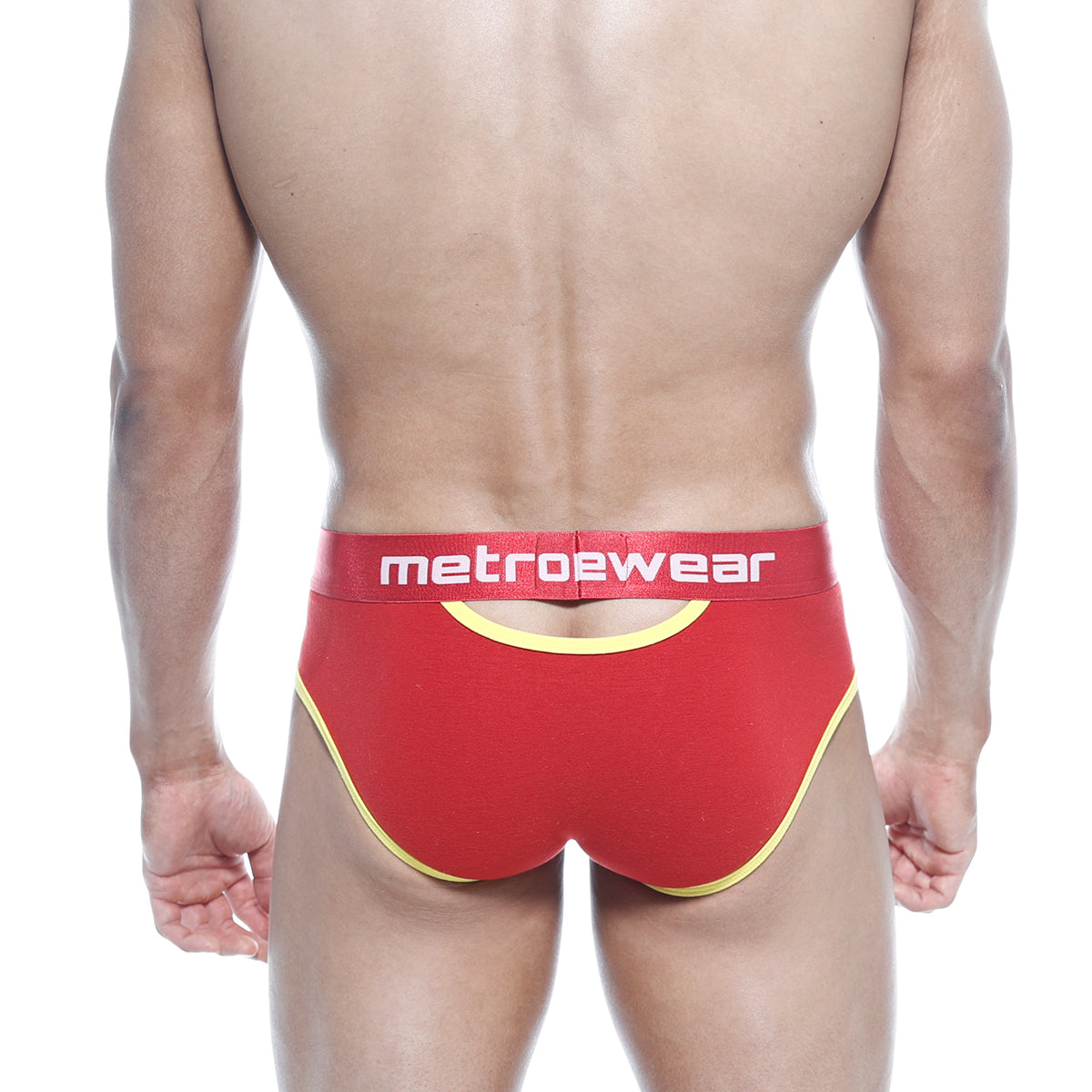 Red metrowear cotton open briefs with yellow trim and white logo on waistband for comfortable everyday wear