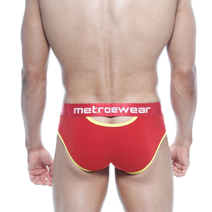 Red metrowear cotton open briefs with yellow trim and white logo on waistband for comfortable everyday wear