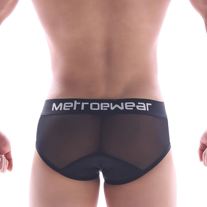 Black mesh briefs with a solid black waistband featuring metrowear logo in white from metromalewear joy mesh brief 9004-43