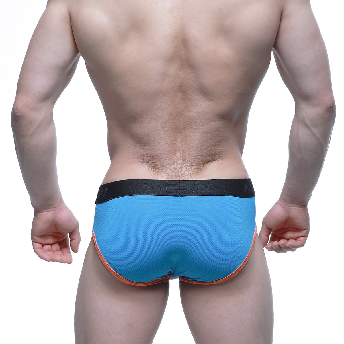 Blue metro male wear cool mesh athletic briefs with black waistband and orange trim in turquoise 9005-08 design