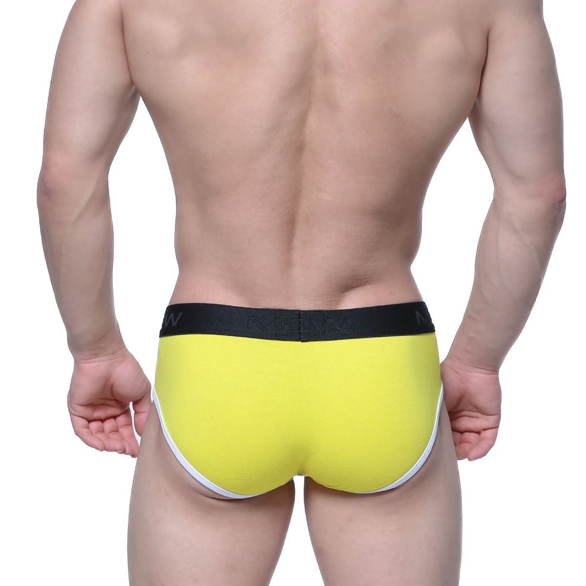 Bright yellow MetroMaleWear Astros Brief 9005-15 with black waistband and white trim detail on the leg openings