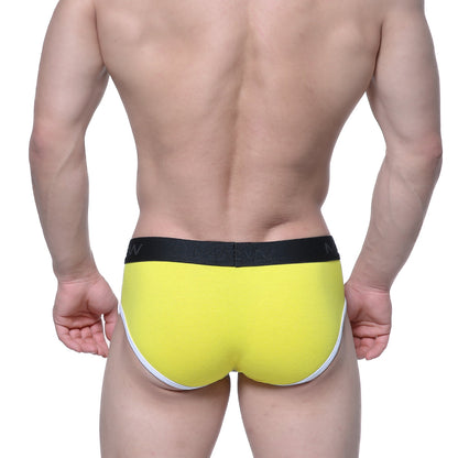 Bright yellow MetroMaleWear Astros Brief 9005-15 with black waistband and white trim detail on the leg openings