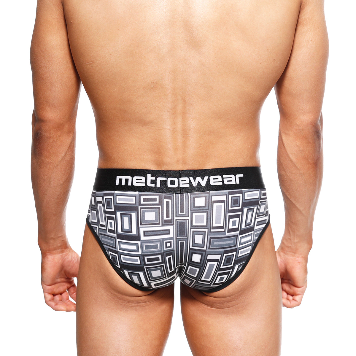 MetroMaleWear 365 hip brief basalt 9005-23 in black and gray geometric pattern with metrowear waistband