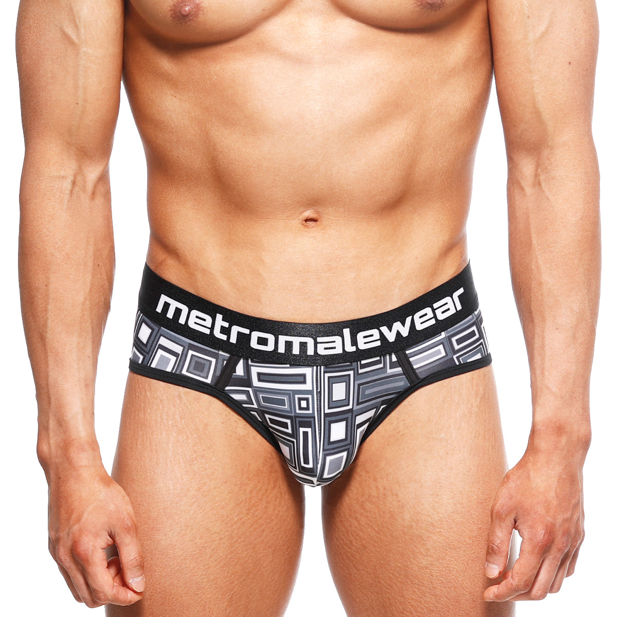 Black and gray geometric-patterned men’s briefs with metromalewear waistband MetroMaleWear 365 Hip Brief Basalto 9005-23