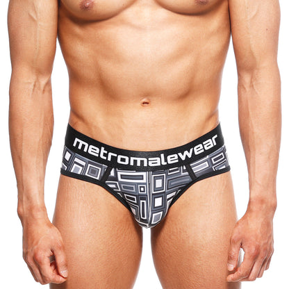 Black and gray geometric-patterned men’s briefs with metromalewear waistband MetroMaleWear 365 Hip Brief Basalto 9005-23