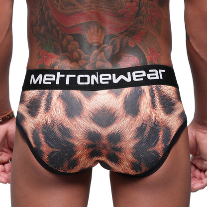 MetroMaleWear 365 hip brief animal 9005-60 in black and copper leopard print with black waistband and white logo