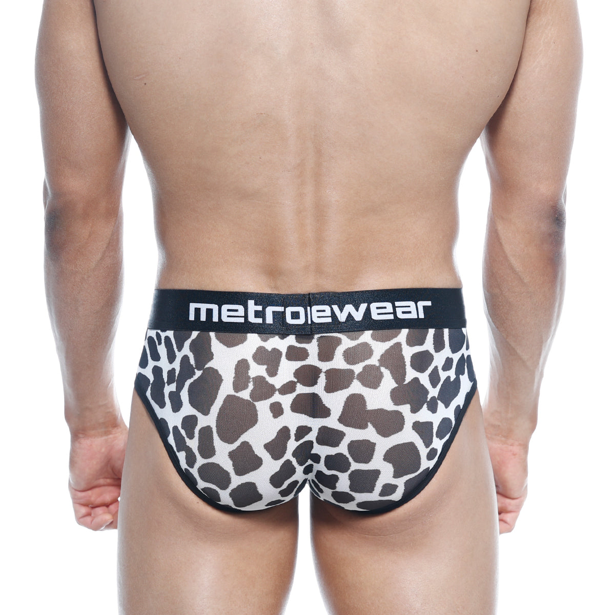 MetroMaleWear 365 hip brief Dalmatian black and white cow print briefs with black elastic waistband and logo