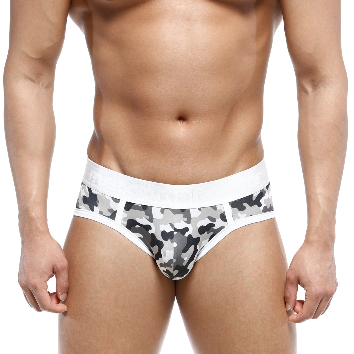 MetroMaleWear 365 hip brief camo with gray and black camouflage pattern and a white elastic waistband