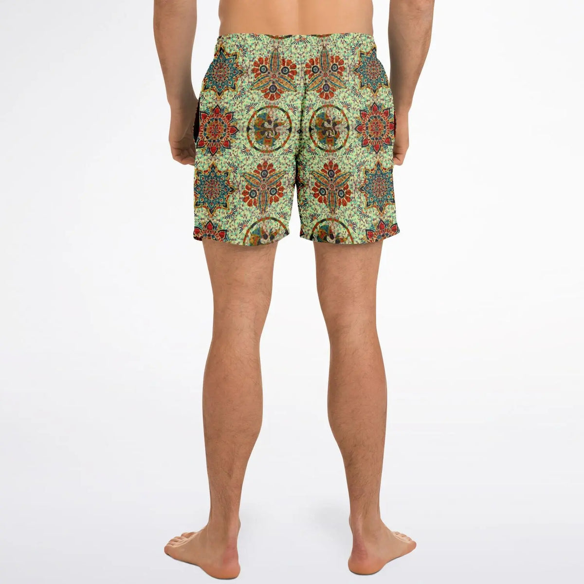 Men's swim shorts by Maris Equi featuring a colorful mosaic pattern elastic waistband and a comfortable fit.