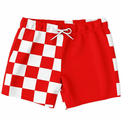 Red and white checkered men's swim shorts by Maris Equi featuring an elastic waistband and drawstring closure.