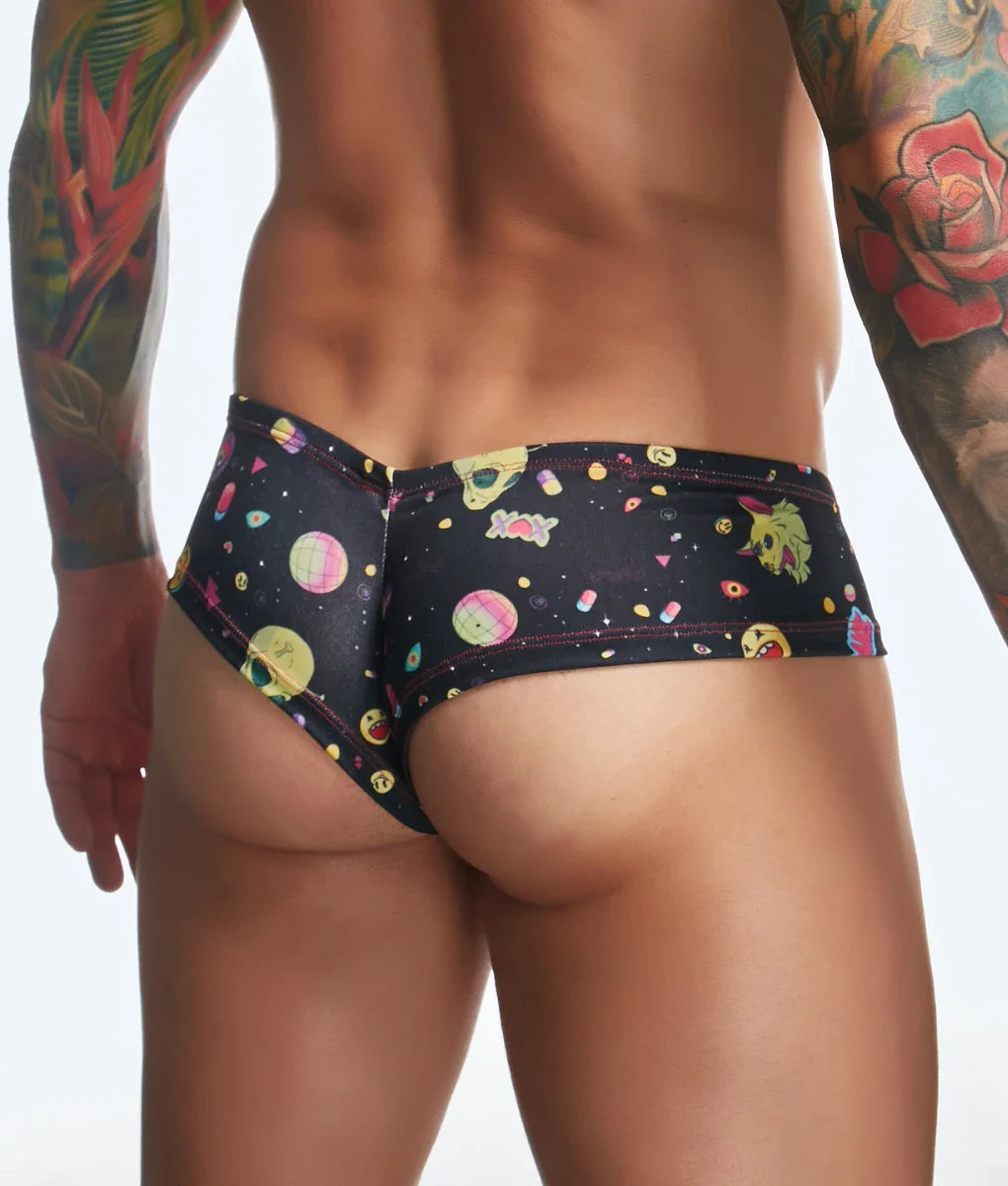 Black men’s underwear by justin + simon with vibrant space-themed pattern of colorful planets cartoon characters and stars