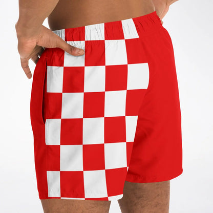 Red and white checkered men's swim shorts by Maris Equi featuring an elastic waistband and side pockets.