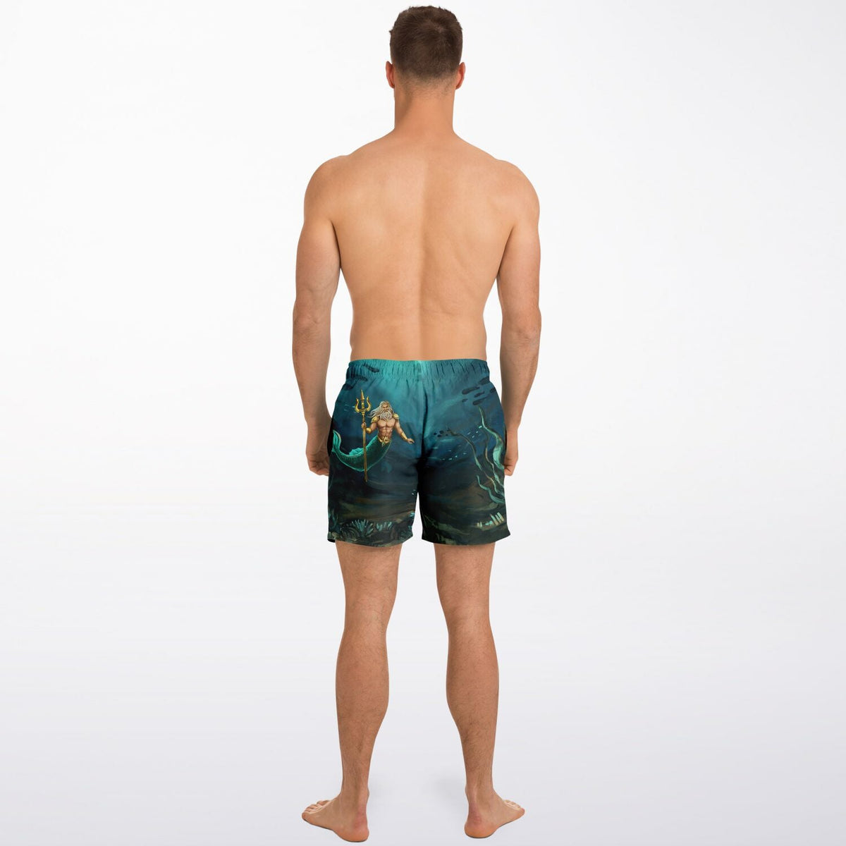 Men's swim shorts by Maris Equi in blue with a colorful underwater design featuring a mermaid shown from the back.