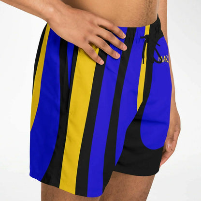 Men's swim shorts in blue yellow and black with a bold striped pattern made by Maris Equi featuring an elastic waistband.