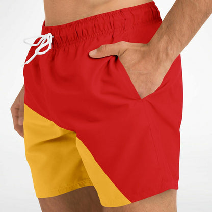 Men's swim shorts in red and yellow with a color-block design featuring an elastic waistband and side pocket by Maris Equi