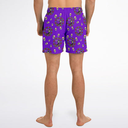 Men's purple swim shorts with Day of the Dead skull pattern made by Maris Equi featuring an elastic waistband.