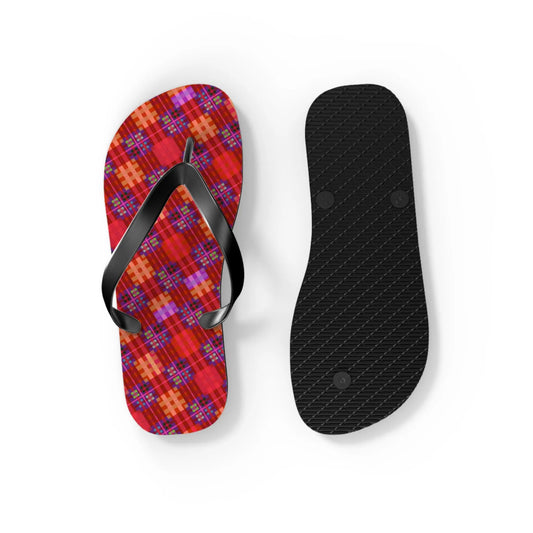 Red tartan flip-flops with black straps and textured black sole designed by Maris Equi.