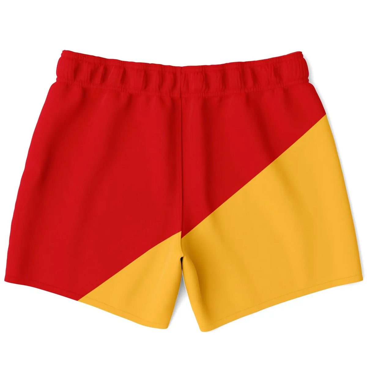 Red and yellow men's swim shorts by Maris Equi featuring a bold diagonal color block design and elastic waistband.