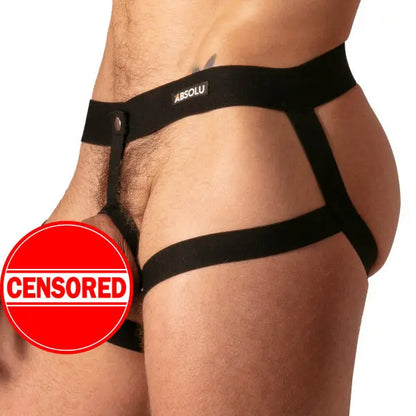 Black frame ring harness made of elastic material featuring adjustable straps worn by a model from Absolu Male By TOF Paris
