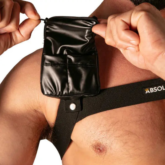 Black pocket harness with adjustable straps featuring a zippered pouch worn by a model showcasing the product from the front by Absolu Male By TOF