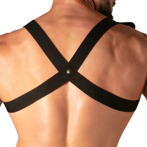 Black Master Flex Pocket Harness with adjustable straps worn by a model showing the back by Absolu Male By TOF Paris