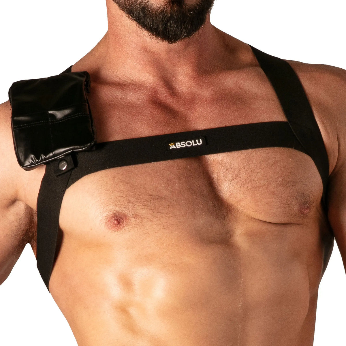 Black Master Flex pocket harness by Absolu Male featuring a sleek design with a shiny pocket and adjustable straps worn by a model
