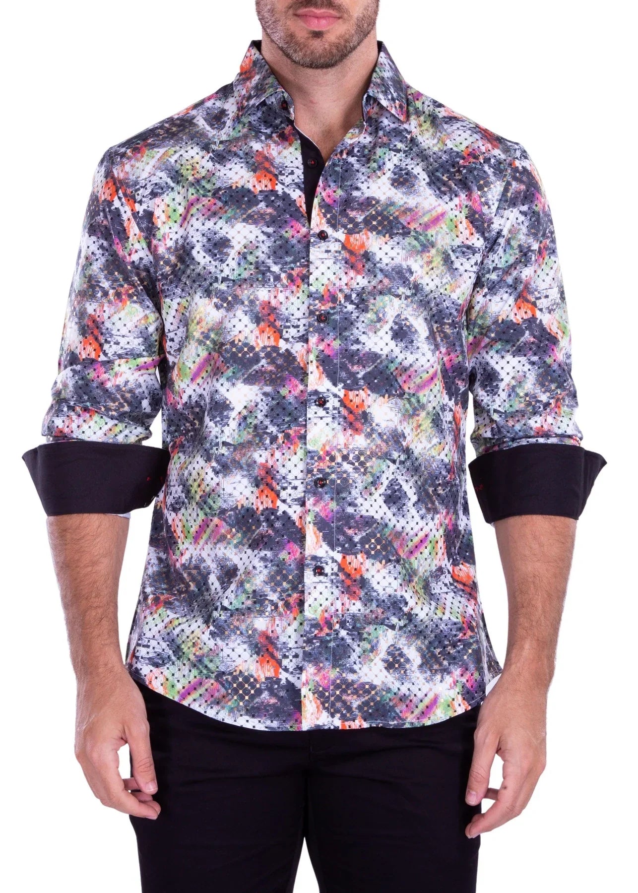 Abstract brushstroke l s shirt men’s long-sleeved button-up with vibrant gray white orange pink green geometric pattern