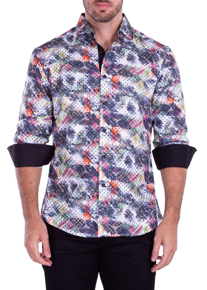 Abstract brushstroke l s shirt men’s long-sleeved button-up with vibrant gray white orange pink green geometric pattern