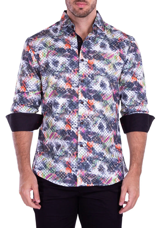 Abstract brushstroke l s shirt men’s long-sleeved button-up with vibrant gray white orange pink green geometric pattern